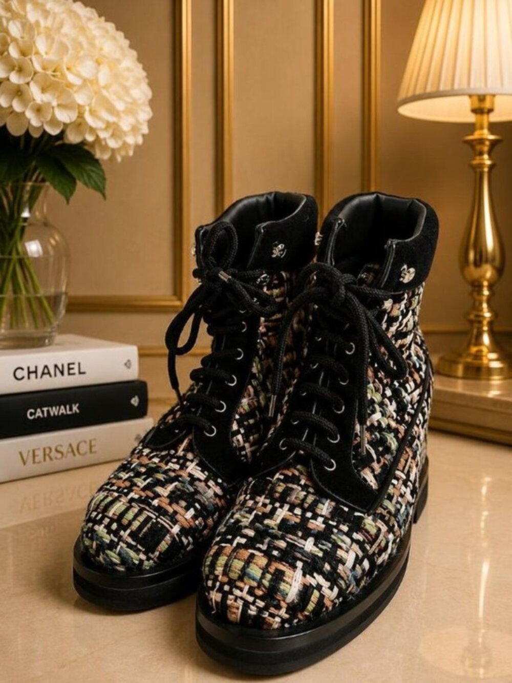 Authentic Chanel Multicolor Tweed Lace Up Combat Boots Designer Shoes